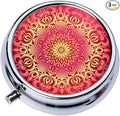 Small Pill Box with Mirror Mandala 3 Compartment Pill Holder for Purse or Pocket Bronze Portable Medicine Vitamin Container Fish Oil and Supplement Storage BPA-Free(Luxurious Red Gold)