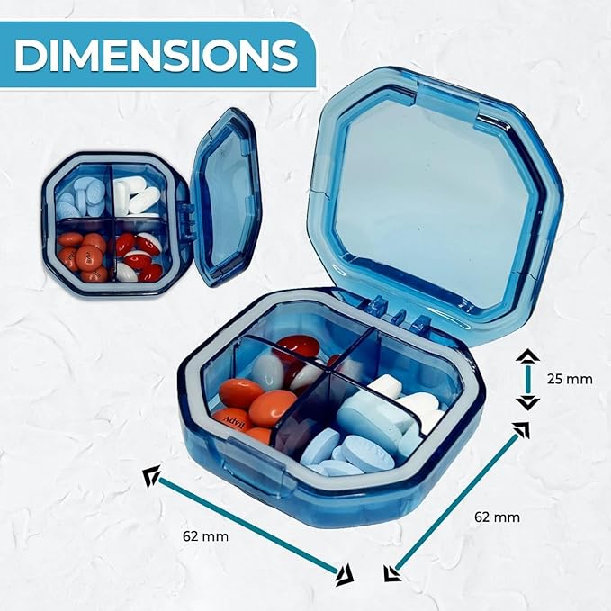 Travel Pill Organizer - Durable, Watertight Pill Case Travel Size with 4 Compartments - Compact Pill Travel Case for Vitamins, Supplements, Medicine - Travel Pill Container for Purse (Blue)