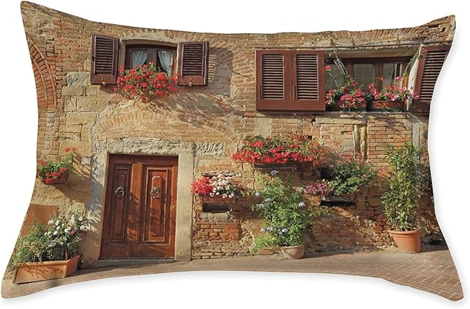 Decorative Fitted Sheet Set Full Size, Tuscan Deep Pockets Fitted Sheet & 2 Pillow Sham Set(No Flat Sheet), Mediterranean Architecture Printed Microfiber Bedding 3pc Set, for Kids & Adults Bedding
