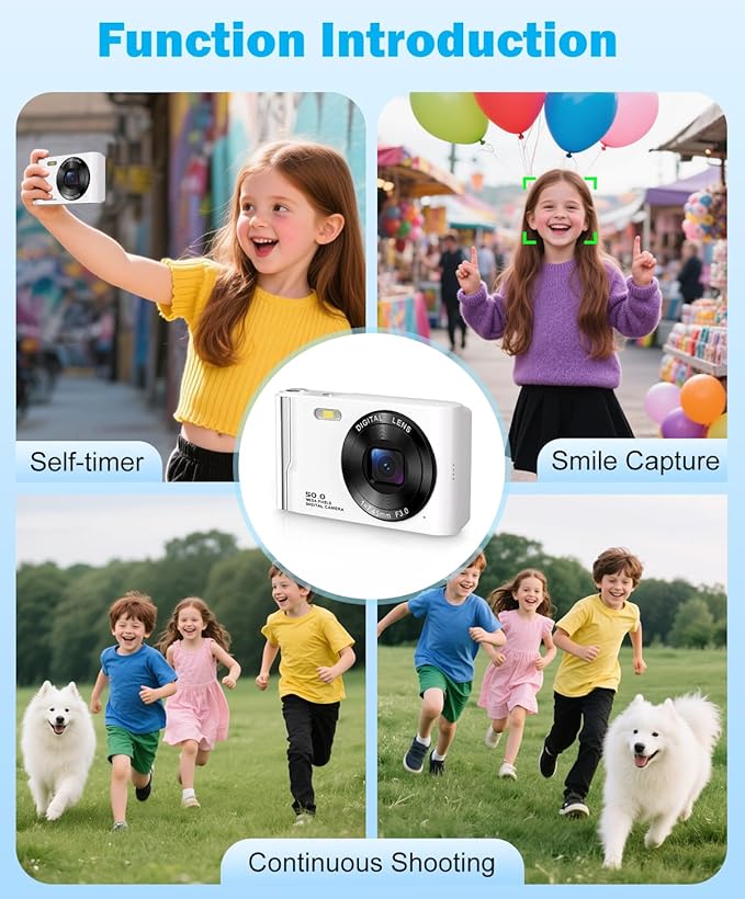 50MP 4K Digital Camera for Photography, Autofocus Vlogging Camera with 32GB TF Card & 2 Batteries, 16X Zoom Compact Point and Shoot Camera for Kids Teens Beginners, White