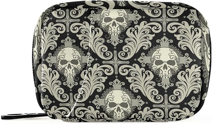 Pill Case Travel Vintage Pill Cases Bag Medicine Vitamin Container Pill Box Organizers Supplement Holder (Skull Damask)
