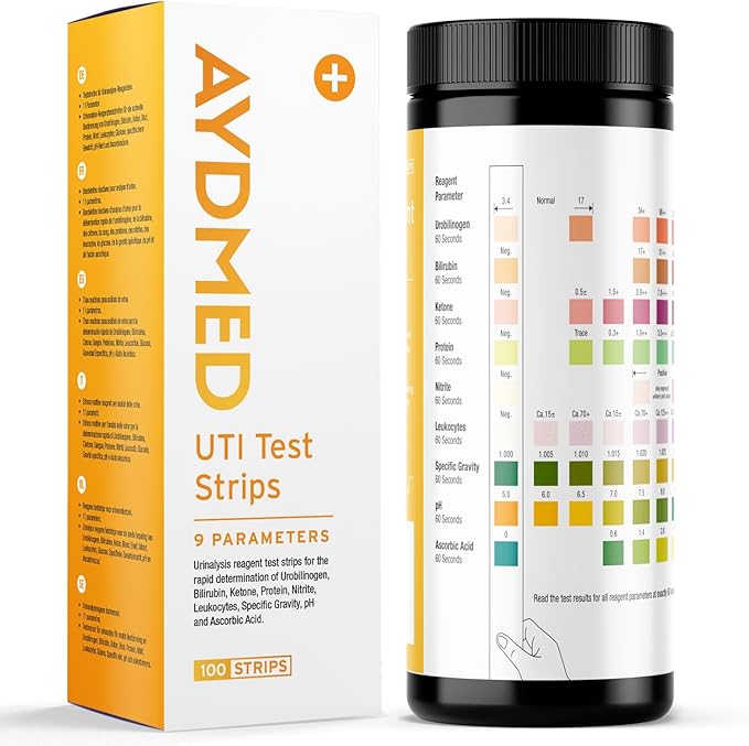 100 x AYDMED 9-in-1 UTI Test Strips | 9 Parameter Urine Test Strips for Leukocytes, Nitrite, Specific Gravity, pH, Protein, Urobilinogen, Bilirubin, Ketone & Ascorbic Acid | FSA & HSA Eligible