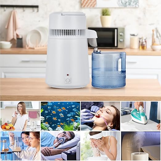 4L Countertop Stainless Steel Distilled Water Purifier, Distilled Water Making Machine with Plastic Container, Ideal for Household, Workplace, Lab, and Aquarium Usage-White