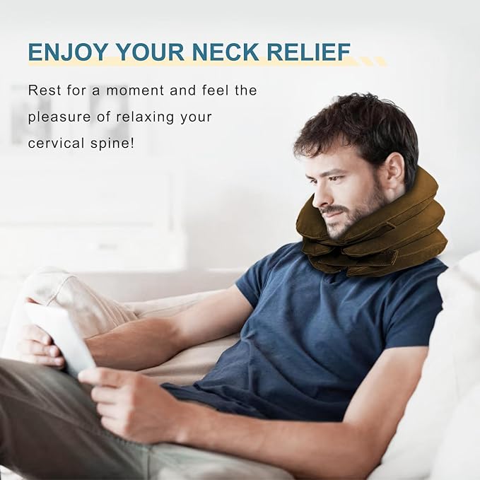 Cervical Neck Traction Device, Neck Stretcher, Neck Traction Device for Neck Pain Relief, Cervical Neck Traction Device, Inflatable Neck Brace & Neck Decompression(Khaki Brown)