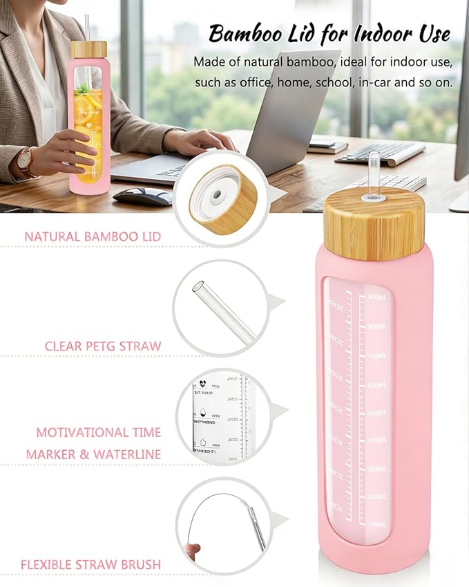 Nefeeko 32 oz Glass Water Bottles with Straw, Motivational Time Marker, 1 Liter BPA FREE Leakproof Reusable Glass Water Bottle with Silicone Sleeve, Bamboo Lid, Spout Lid