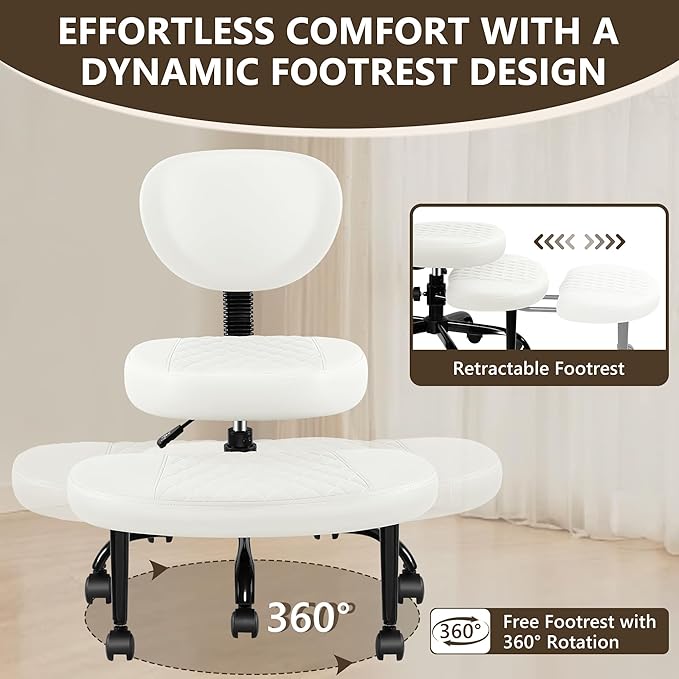 Ergonomic Cross Legged Office Chair with Wheels - Adjustable Height for Meditation, ADHD Desk & Yoga - Wide Criss Cross Design with Lumbar Support, Kneeling Chair - Off White