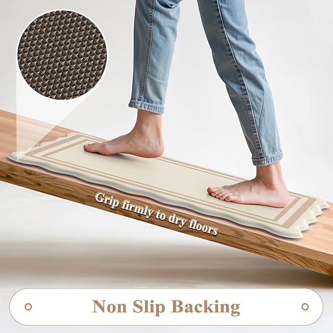 KIMODE Anti Fatigue Kitchen Mats, Beige Boho Kitchen Rugs, Padded Kitchen Mat for Floor, Comfort Standing Desk Mat, Cushioned Kitchen Mats for Floor 2 Piece for Laundry Office Sink 17"x59"+17"x29"
