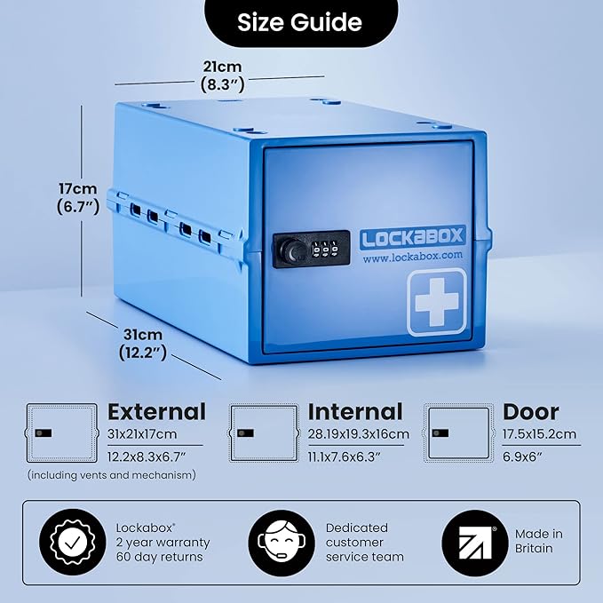 Lockabox One™ | Premium Medicine Lock Box | Medium Medication Lock Box With Code For Medicines, Vitamins & Supplements | External Size 12 x 8 x 6.6 inches (Medi Blue)