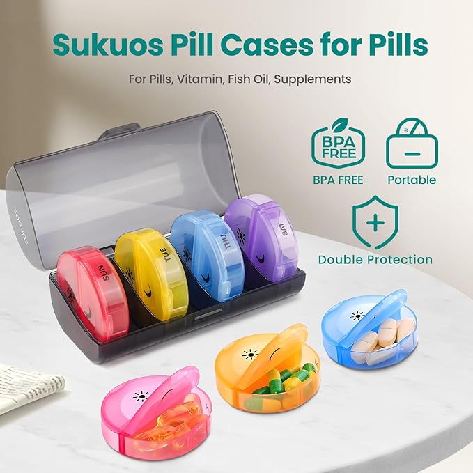 Sukuos 2 Pack Weekly Pill Organizer, Daily Pill Box 7 Day Pill Cases for Vitamins, Fish Oils or Supplements