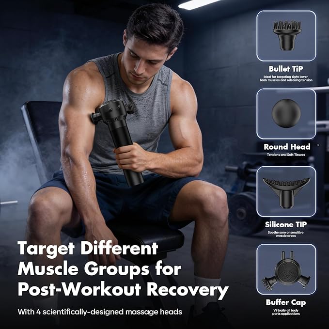 Deep Tissue Massage Gun with Heating, 7000 RPM Handheld Vibrating Muscle Massager with 4 Speeds & 3 Heads, Ideal Gift for Family & Sports Enthusiasts