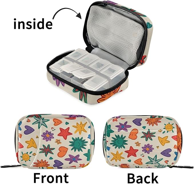 Beige Doodle Star Heart Rainbow Travel Pill Organizer Case Box Container Weekly Portable Vitamin Medicine Holder Storage Bag with Zipper Removable