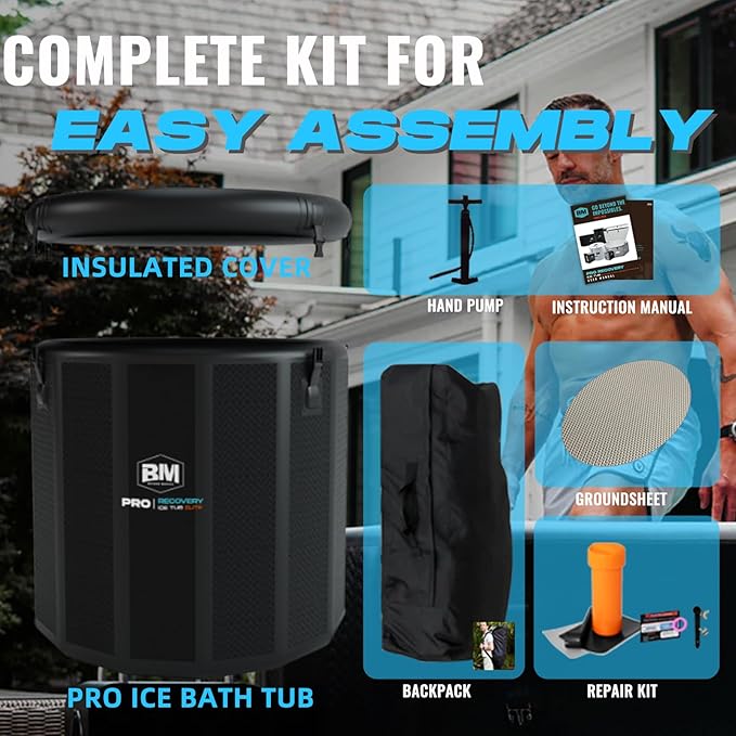 Inflatable Ice Bath Tub for Athletes - Cold Plunge Tub Compatible Water Chiller, Insulated Lid, EVA Groundsheet, Backpack, 187 Gallon, 39" L x 39" W x 35.4" H