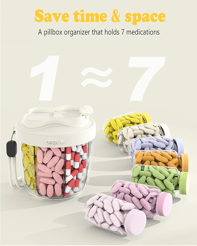 Pill Organizer with 7 Compartments, Pill Box Case for Holding 7 Different Vitamins, Anti-Mix Design for Easy Medication Retrieval. Travel Pill Organizer with 20 Labels. Cute Pill Dispenser（ Beige）