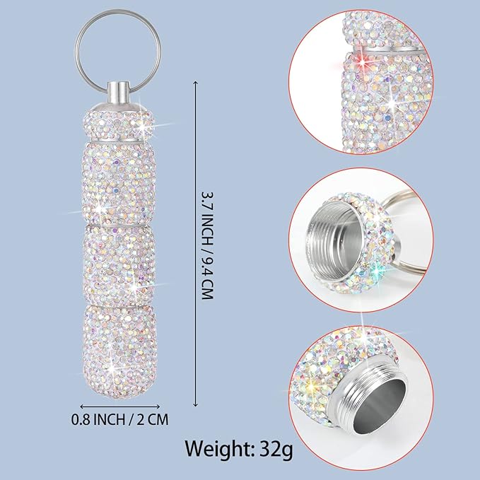 Bling Pill Case Portable Travel Pill Container Bottle Rhinestone Waterproof Small Pill Holder with Keychain Cute Mini Pill Storage Box for Outdoor Camping (AB)