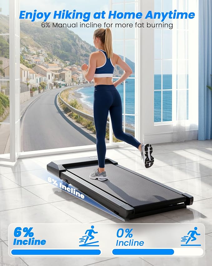 DeerRun Under Desk Walking Pad Treadmill with 6% Manual Incline, 0.6-3.8 MPH Walking Speed, 2.5 HP, 300 lb Capacity, App & Remote Control, for Home Office & Small Spaces