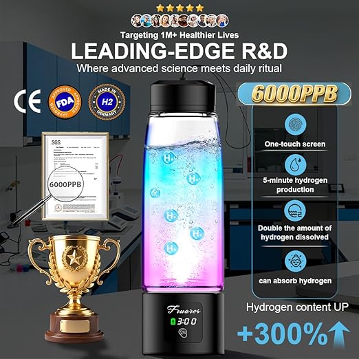 Hydrogen Water Bottle Generator - SPE/PEM Tech Hydrogen Water Machine - 6000 PPB Portable hydrohealth Water Bottle for Kidney Health Hydrogen Bottle with OLED Display (S Touch/Black/Narrow)