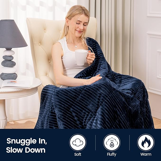 Sherpa Fleece Weighted Blanket with Ribbed Stripes for Adults, 15 lbs Dual Sided Cozy Warm Blanket for Couch Full Size Bed, Glass Beads Heavy Thick Blankets Great for Sleep, Navy Blue, 60" x 80"