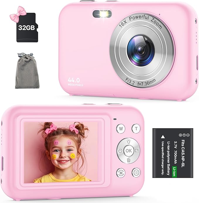 Digital Camera, Kids Camera with 32GB Card, FHD 1080P 44MP Vlogging Camera, 16X Zoom Point and Shoot Digital Camera Compact Portable Rechargeable Cameras for Teens Boys Girls Students Seniors-Pink