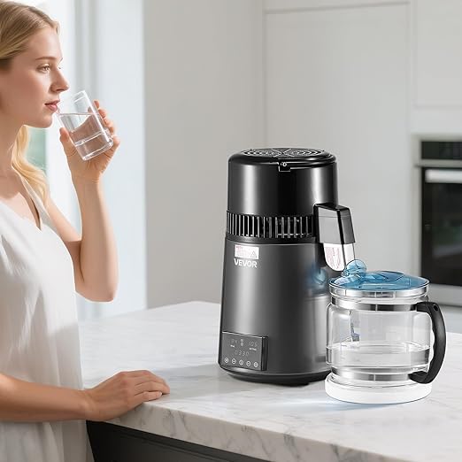 VEVOR 1750W Water Distiller, 0.4Gal/H Distilled Water Maker with Glass Carafe, 4L/1.1Gal Countertop Distiller Machine, 0-99H Time Temp Dual Display, Anti-Dry Design 304 Stainless Steel Still, Grey