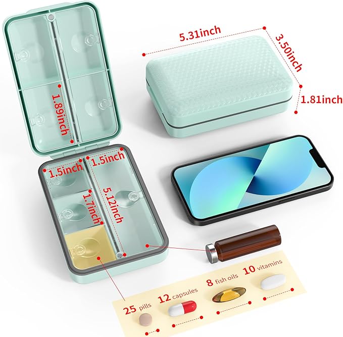 Restree Weekly Pill Organizer 8 Compartment, [Triple Seal Magnetic Lock] Travel Pill Case with Labels & Inner Lid, Moisture Proof for Vitamins, Fish Oil, Supplements, Daily Meds – 7+1 Large (Green)