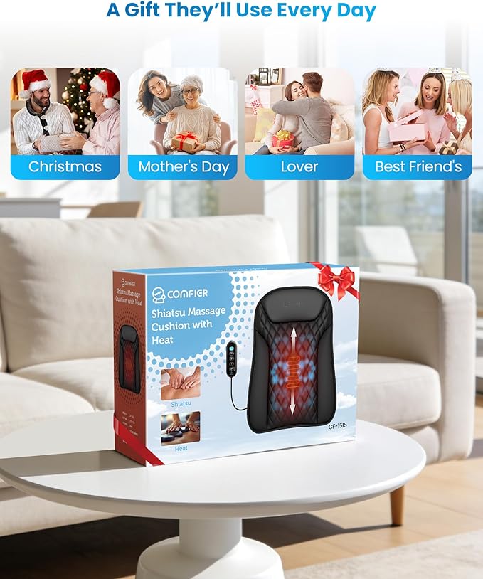 COMFIER Ultra-Slim Heated Back Massager for Chair,Deep Tissue Shiatsu Back Massager with Heat,Up–Down Moving 10 Massage Nodes,Upper/Lower/Full Back Relief,Gift for Women & Men