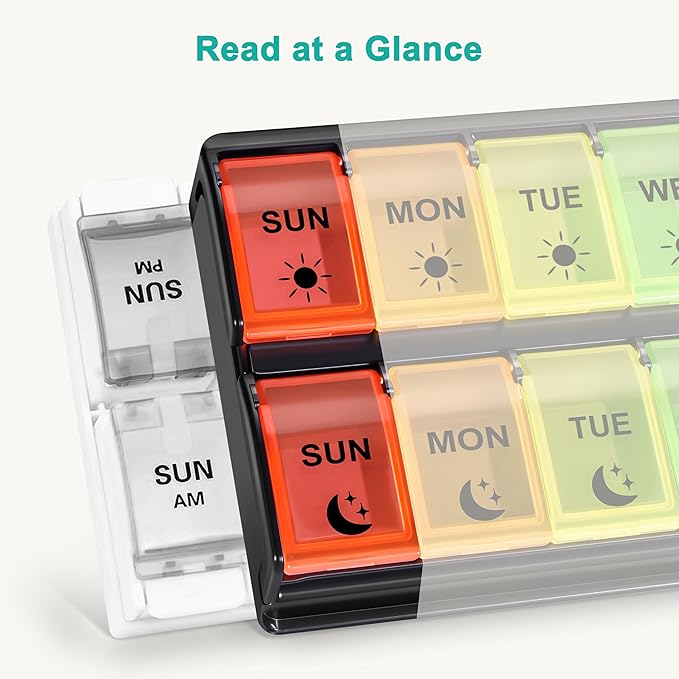 Fullicon Large-Capacity Pill Organizer 2 Times a Day, Fast-Refill Medicine Pill Organizer, Pill Box, Travel Pill Box, Medicine Organizer, AM PM Weekly Pill Case (Black Rainbow) Patent Pending
