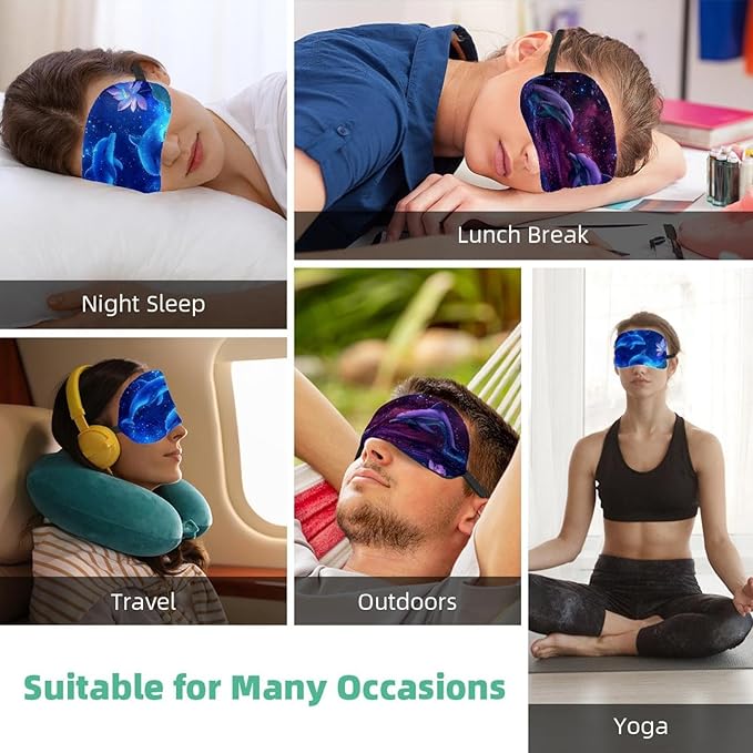 2 Pack Sleep Eye Mask for Women Men, Soft Breathable Eye Cove No Pressure Blackout Night Blindfold for Sleeping Light Blocking with Adjustable Strap, Blue Starry Lotus Dolphin