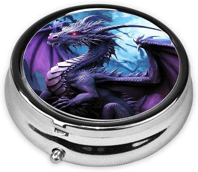 Purple Dragon Purple Moon Print Pill Box 3 Compartment Small Pill Case Portable Pill Box for Pocket Or Purse Cute Medicine Organizer Holder to Hold Vitamins Medication