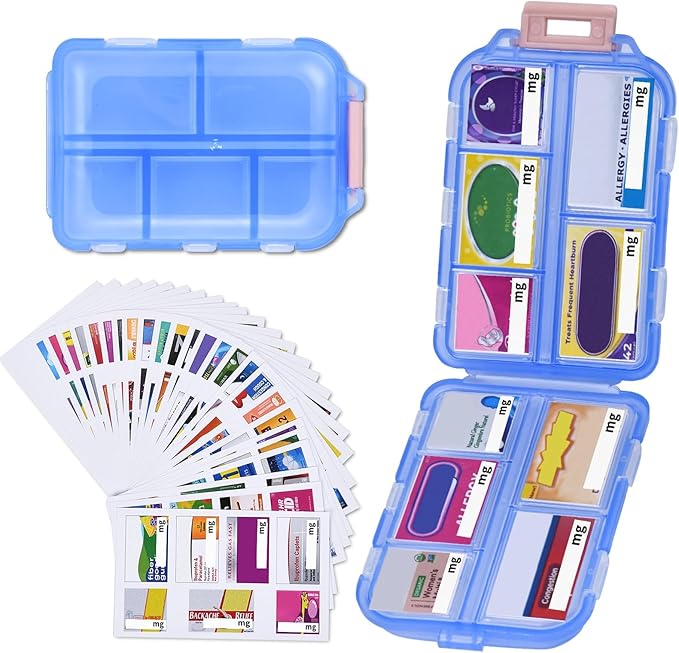 1Pack Travel Pill Organizer with 189 Medicine Labels, 10 Compartments Small Pill Case Compact and Portable Travel Pill Box for Airplane Car Purse Nurse Vacation Essentials