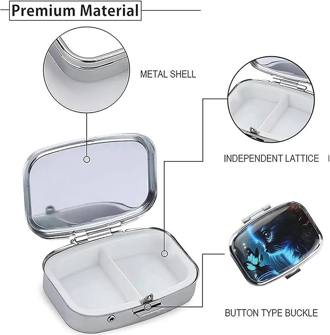 WATASSA Pill Box with Animal Style Mirror All-in-One 2-Compartment Portable Medicine Organizer, Marble Pattern Travel Pill Case for Vitamins&Daily Medication(Fits Pocket/Purse) (Blue Cat)