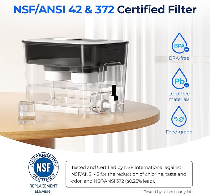 Waterdrop 40 Cup Dual Filter Dispenser, 8X Faster Filtration, 400-Gallon Lifespan, Water Filter Dispenser for Home/Office, 2 Built-in Filters, 10X Longer Lifetime, Reduces Chlorine, PFOA/PFOS, Black