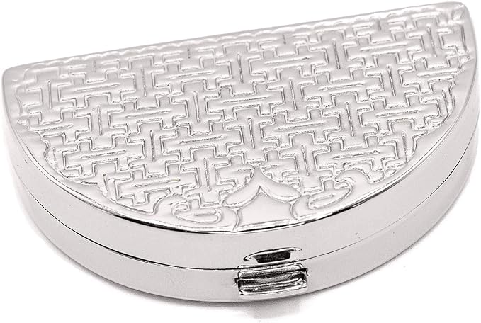 Silver Block Puzzle Pattern Semicricle Pocket Purse Portable Travel Pill Box & Medicine Organizer (1 Large Compartment)
