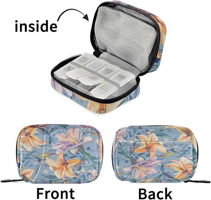 Sweet Lily Flower Oil Blue Travel Pill Organizer Case Box Container Weekly Portable Vitamin Medicine Holder Storage Bag with Zipper Removable
