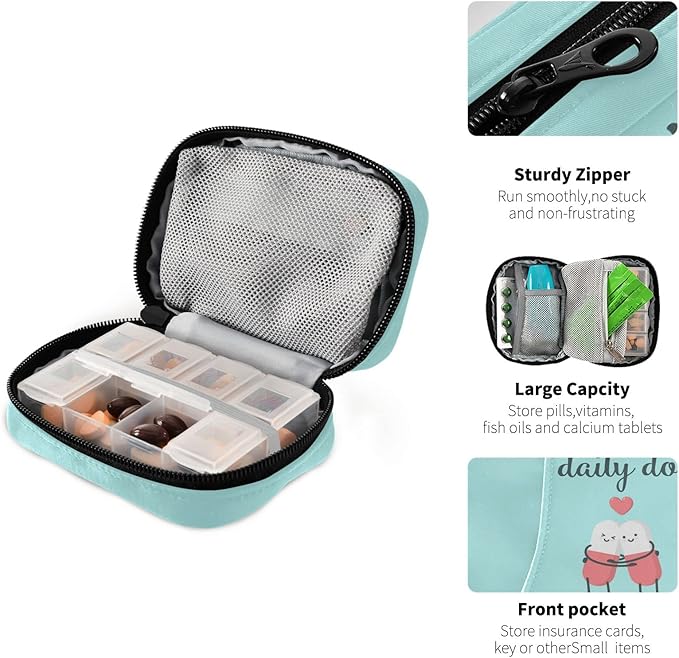 Naanle Cartoon Pills Heart Pill Box 7 Day Case Bag Travel Organizer with Zipper Portable Weekly Compact Size for Vitamin Supplement Holder A Cartoon Red Blue 4.6 x 3.14 x 1.88 Inch 0.12 kilograms