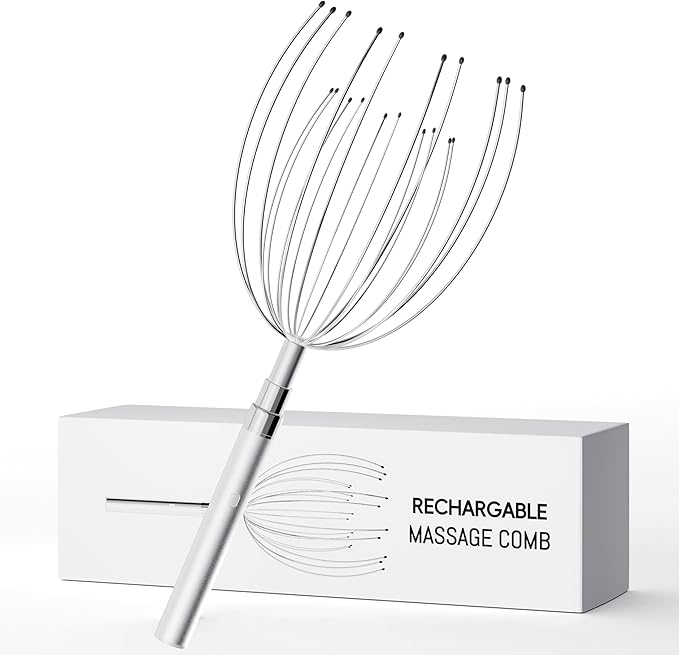 Head Massager Scalp Stress Relief, Rechargable Electric Scalp Massager, Handheld Vibrating Head Scratchers with 20 Metal Fingers for Hair Scalp Massage Relaxation Self-Care