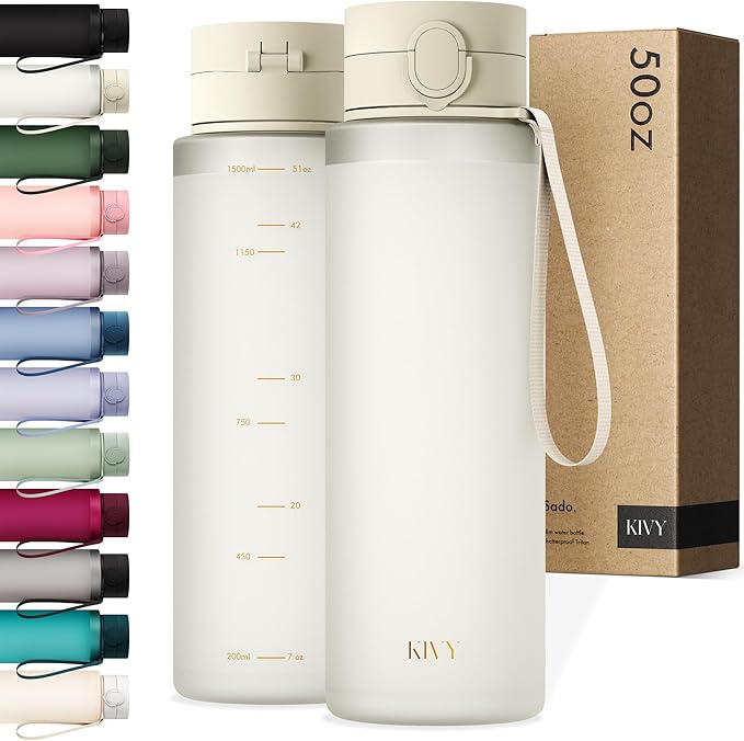 KIVY Slim Water Bottle 50oz with Leakproof Flip Lid [Lightweight & Shatterproof] Fits Backpack & Cupholder for Travel, Sports, School - Extra large water bottle no straw - 1.5 Liter water bottles