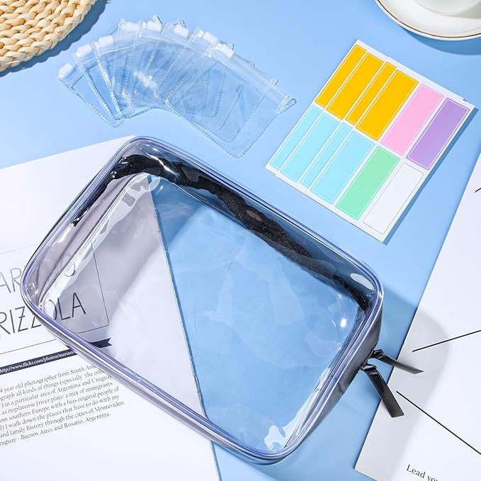 Meanplan 50 Pcs Pill Pouches Reusable Clear Zippered Pill Bag, Transparent PVC Toiletry Carry Pouch, 180 Pcs Waterproof Labels Stickers Travel Organizer Storage with Slide Lock for Small Items
