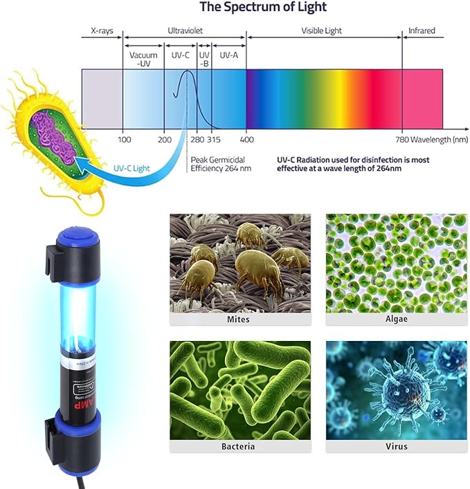 UV-C Aquarium Clean Light with Timer, Mini 3W 5W 7W 9W 11W Submersible Algae Clean Light Water Green Clean Fish Tank Water Clean Lamp for Sump Pond Filter Tank (5W Timer)