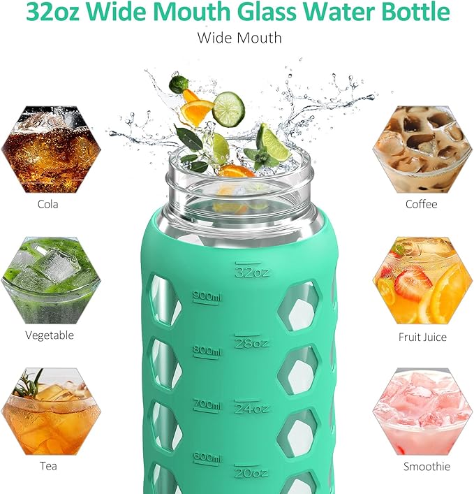 MUKOKO 32oz Glass Water Bottles with 2 Lids-Handle Spout Lid&Bamboo Straw Lid, Motivational Water Tumbler with Time Marker Reminder and Silicone Sleeve, Leakproof-Green-1 Pack