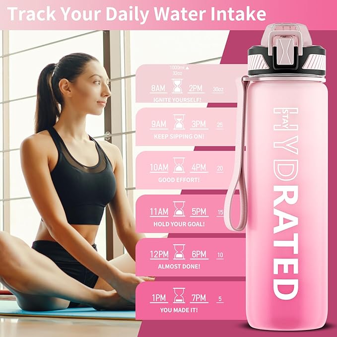 Water Bottle with Straw, 32oz Motivational Water Bottles with Time Marker to Drink, Tritan BPA Free, 1L Sports Water Bottle with Carry Strap LeakProof for Women Gym Fitness Outdoor (1 Pack)