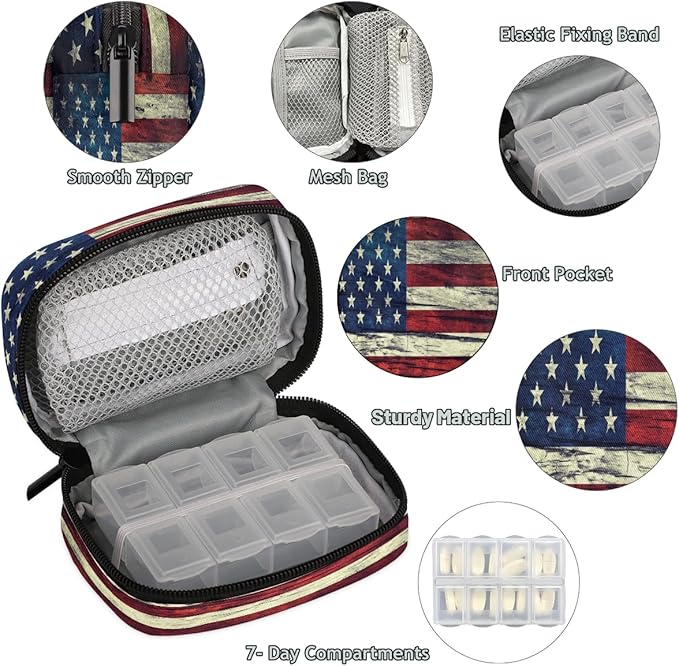 Vintage American Flag Travel Pill Organizer Box Weekly Portable Pill Case Daily Pills 7 Day Small Birth Control Pills Container Removable Compartments for Medicine Vitamins Fish Oil