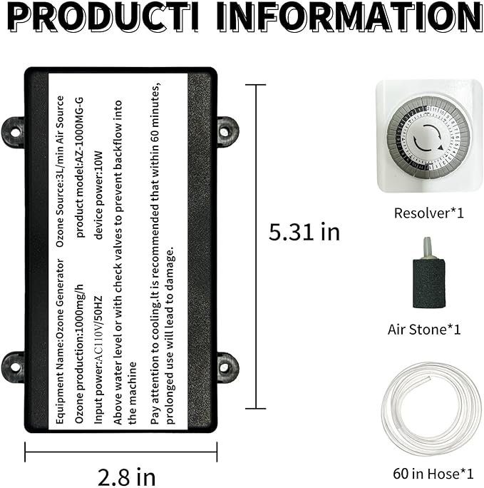 Water Ozone Generator for bathtubs with Timer, 1000mg/H Ozone Bubbler Keep spa Pool Clean,Ozone Generator for Water Portable Ozonator Tub Accessories