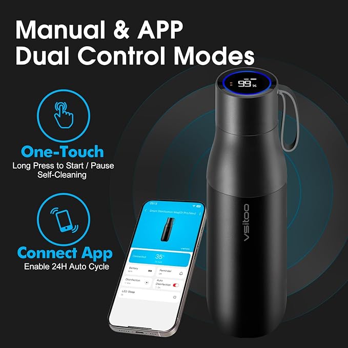 VSITOO 15oz Mini Smart Water Bottle，Self-Cleaning Insulated Bottle, Small Thermoses with AI, App & Touchscreen, Perfect Purse Water Bottle for Travel, Gym & Office, Black