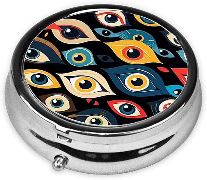 ZhongGuo Eyes Printed Pill Organizer,Round Travel Pill Organizer Mini Medicine Pill Box for Purse Iron Plating