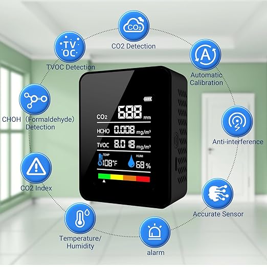 CO2 Detector Air Quality Monitor Indoor,5-in-1 Formaldehyde/CO2/TVOC/Temperature (°F/°C)/Humidity Monitor,Portable Carbon Dioxide Detector for Home,Office,Indoor Air Quality Safety Monitoring (Black)