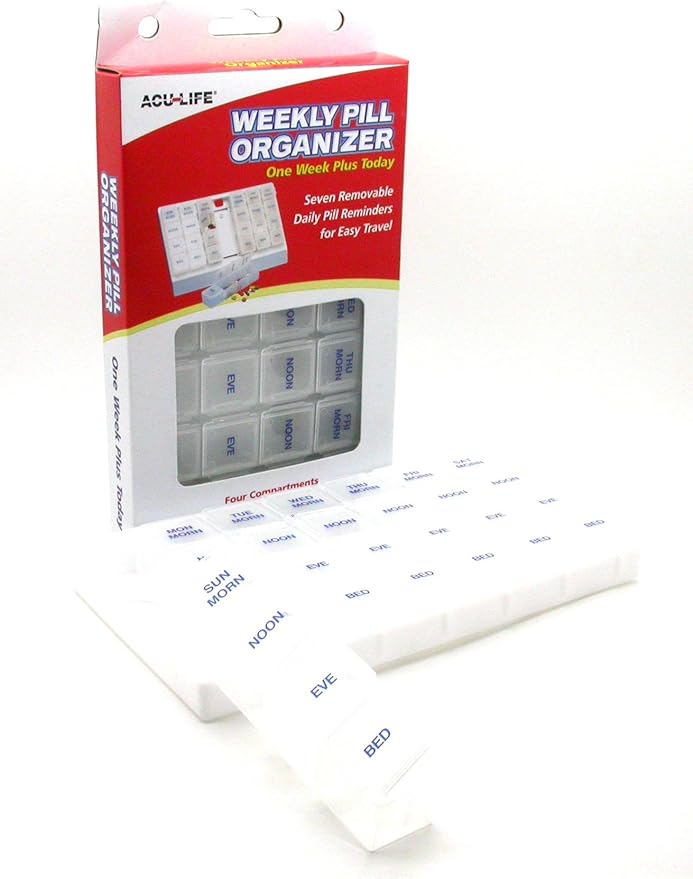Acu-Life Weekly (7-Day) Pill Case, Medicine Planner, Vitamin Organizer Box, 4 Times a Day AM/PM, One Week Plus Today, Removable Compartments, Easy to Use, White, BPA Free