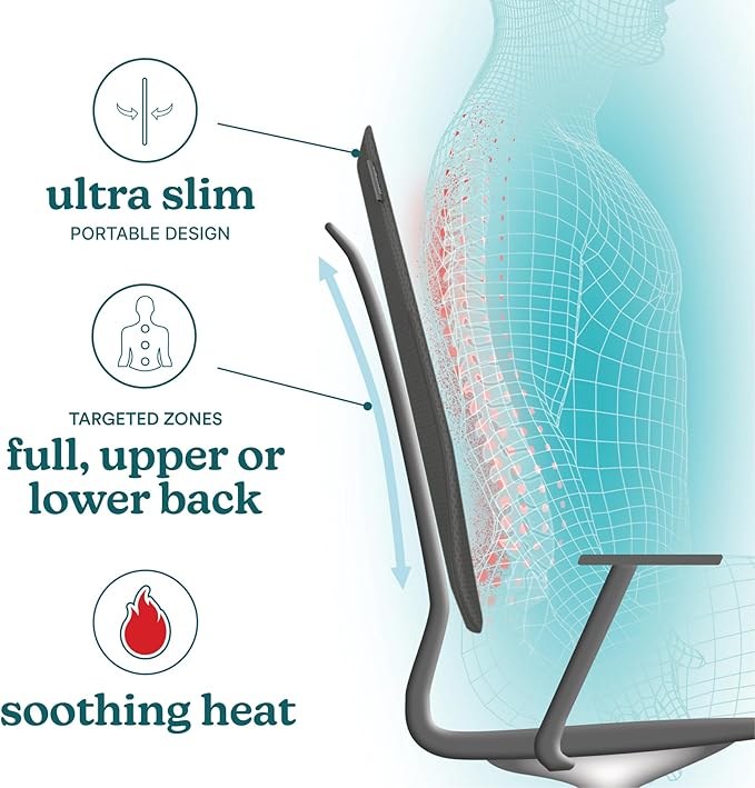 HoMedics Ultra Slim Shiatsu Massage Cushion with Heat – Full Back Coverage, Deep Kneading Massage, 3 Zone Control (Upper/Lower/Full), Soothing Heat, Slim Profile, Portable Design, Fits Most Chairs