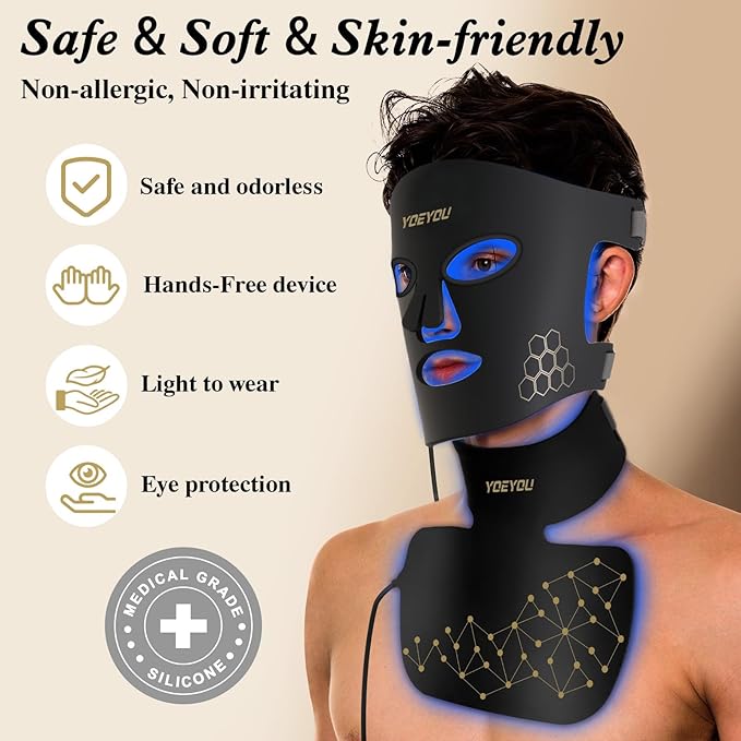 Red Light Therapy for Face and Neck, 850nm Infrared & Red Light Mask, 4 Modes LED Face Mask Light Therapy with Neck Masks, 2600mAh Rechargeable Portable Skincare Device at Home & Travel