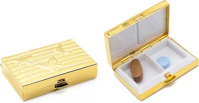 Set of 2 Rectangular-Shaped Pocket Purse Pill Box & Organizer with Dual Compartments (Gold Butterflies)