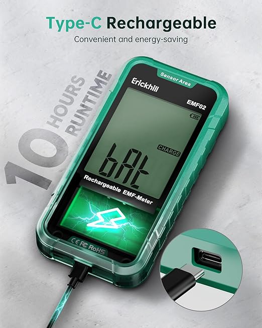 ERICKHILL EMF Detector, 3‑in‑1 Portable EMF Meter and Radiation Detector for RF, EF, MF, & WiFi Signal– EMF Reader with 3-Color Sound‑Light Alarm, Rechargeable Battery for Home, Office & Ghost Hunting